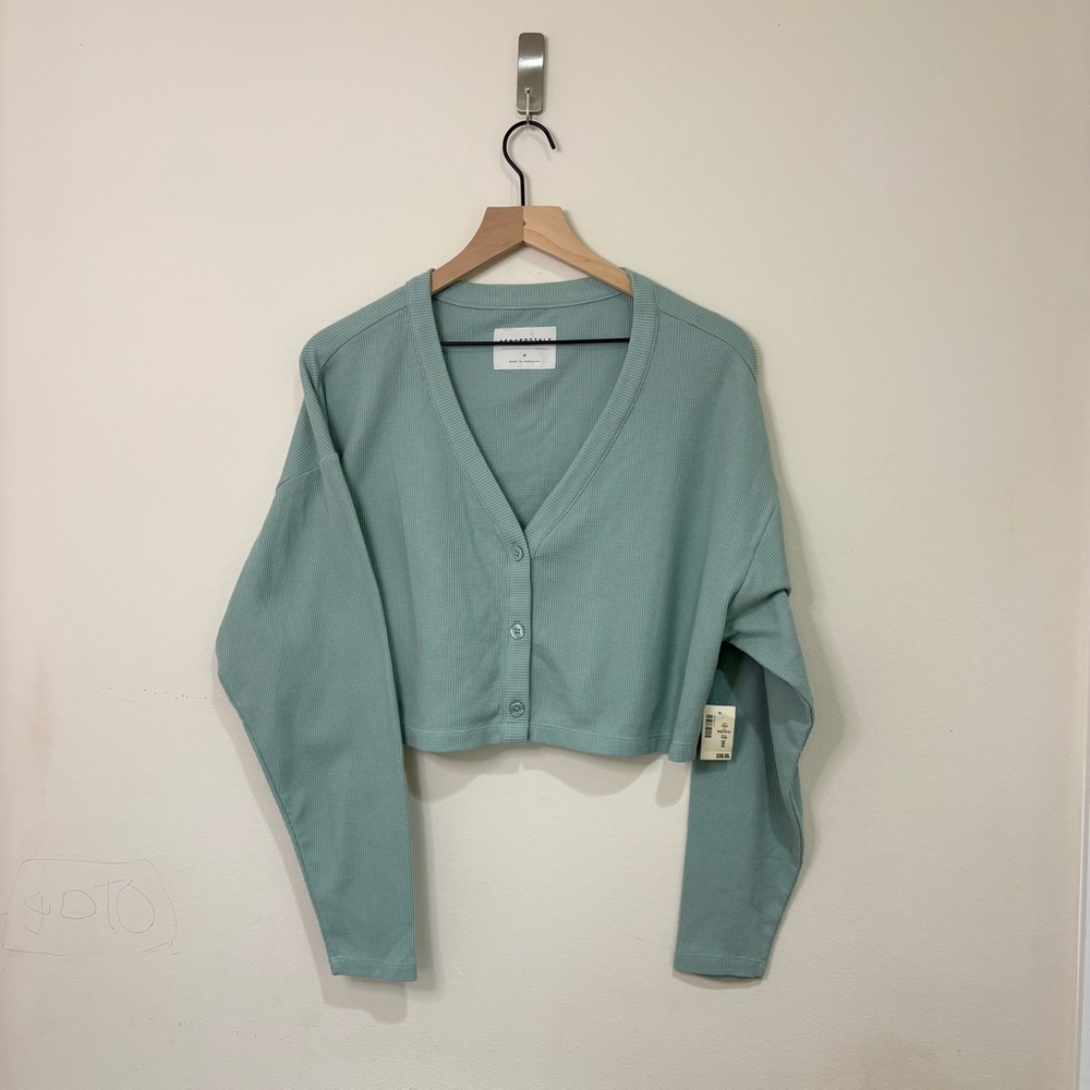 NWT Aeropostale Light Green Cropped Cardigan Waffle Knit Lightweight Sweater